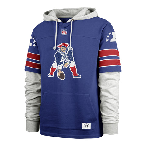 Men s 47 Royal New England Patriots Double Header Blitz Throwback Cornerback Pullover Hoodie