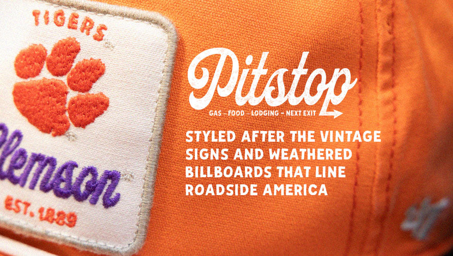 Pitstop. Styled after the vintage signs and weathered billboards that line roadside America.