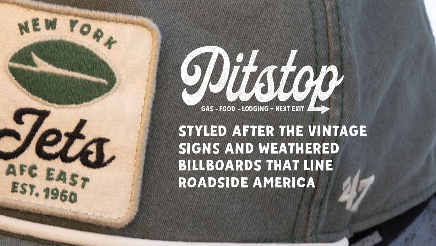 Pitstop. Styled after the vintage signs and weathered billboards that line roadside America.