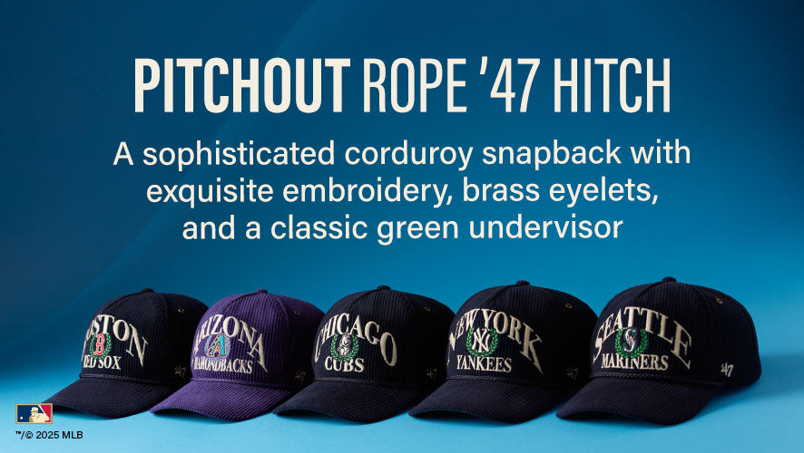 Pitchout Rope '47 Hitch. A sophisticated corduroy snapback with exquisite embroidery, brass eyelets, and a classic green undervisor.