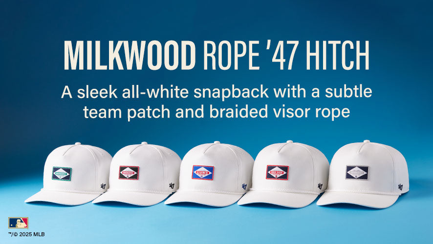 Milkwood Rope '47 Hitch. A sleek all-white snapback with subtle team patch and braided visor rope.