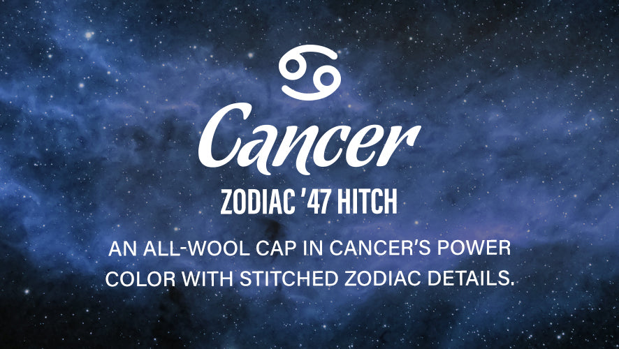 Cancer Zodiac '47 HITCH. An all-wool cap in cancer's power color with stitched Zodiac details. 